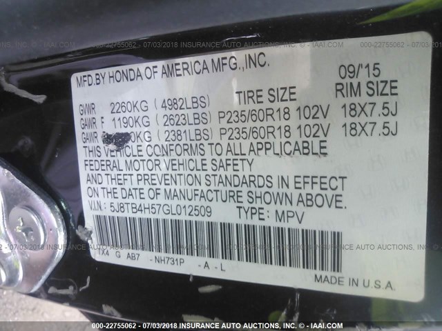 5J8TB4H57GL012509 - 2016 ACURA RDX TECHNOLOGY BLACK photo 9