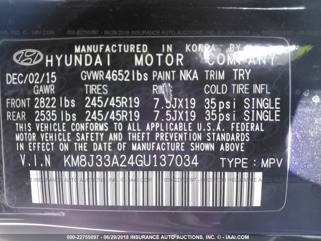 KM8J33A24GU137034 - 2016 HYUNDAI TUCSON LIMITED/SPORT AND ECO/SE BLACK photo 9