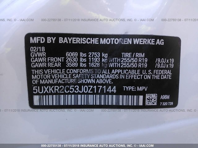 5UXKR2C53J0Z17144 - 2018 BMW X5 SDRIVE35I WHITE photo 9