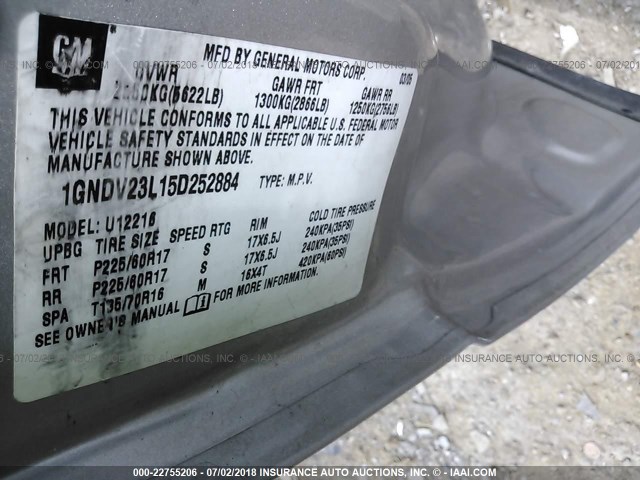 1GNDV23L15D252884 - 2005 CHEVROLET UPLANDER LS SILVER photo 9