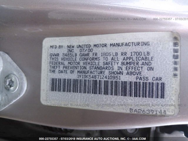 1Y1SK54871Z410951 - 2001 CHEVROLET GEO PRIZM LSI 金色 照片 9