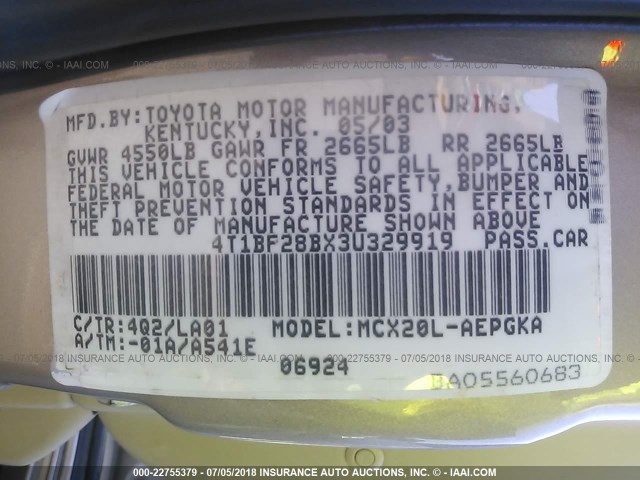 4T1BF28BX3U329919 - 2003 TOYOTA AVALON XL/XLS TAN photo 9