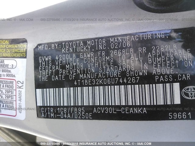 4T1BE32K06U744267 - 2006 TOYOTA CAMRY LE/XLE/SE SILVER photo 9