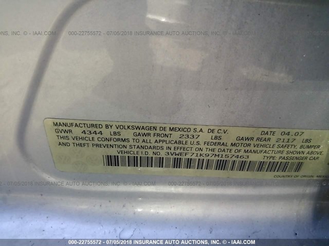 3VWEF71K97M157463 - 2007 VOLKSWAGEN JETTA WOLFSBURG 银色 照片 9