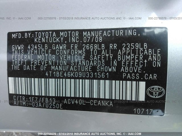 4T1BE46K09U331561 - 2009 TOYOTA CAMRY SE/LE/XLE 银色 照片 9