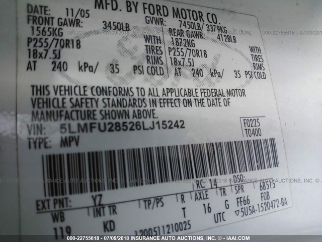 5LMFU28526LJ15242 - 2006 LINCOLN NAVIGATOR WHITE photo 9