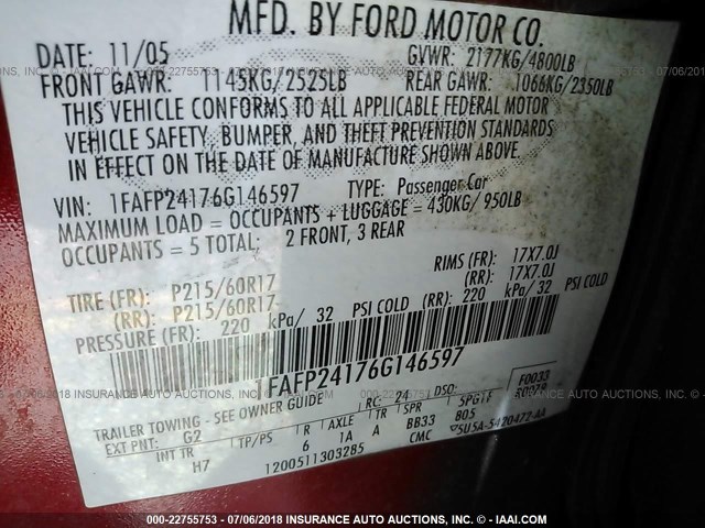 1FAFP24176G146597 - 2006 FORD FIVE HUNDRED SEL RED photo 9