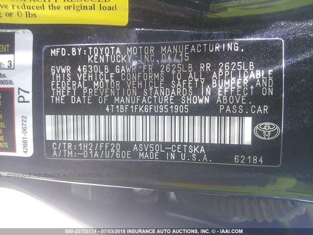 4T1BF1FK6FU951905 - 2015 TOYOTA CAMRY LE/XLE/SE/XSE BLACK photo 9