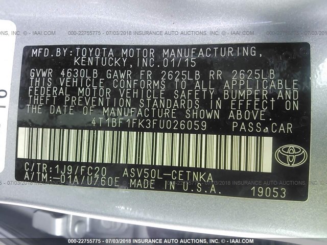 4T1BF1FK3FU026059 - 2015 TOYOTA CAMRY LE/XLE/SE/XSE SILVER photo 9