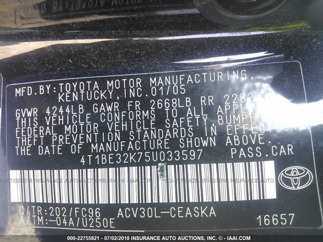 4T1BE32K75U033597 - 2005 TOYOTA CAMRY LE/XLE/SE 黑色 照片 9