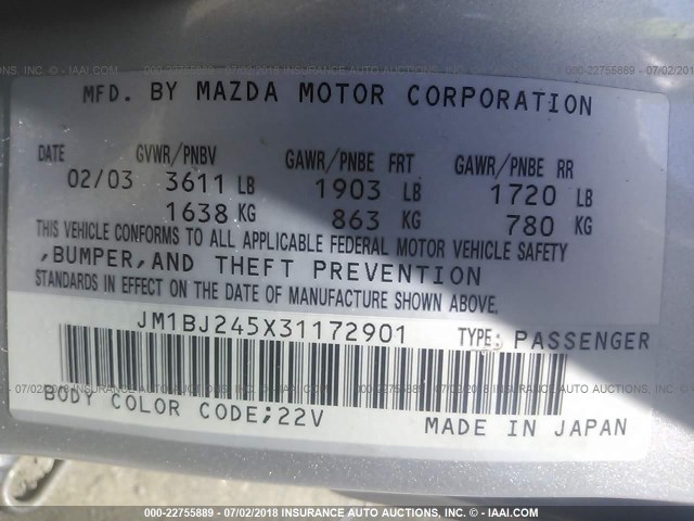 JM1BJ245X31172901 - 2003 MAZDA PROTEGE PR5 银色 照片 9