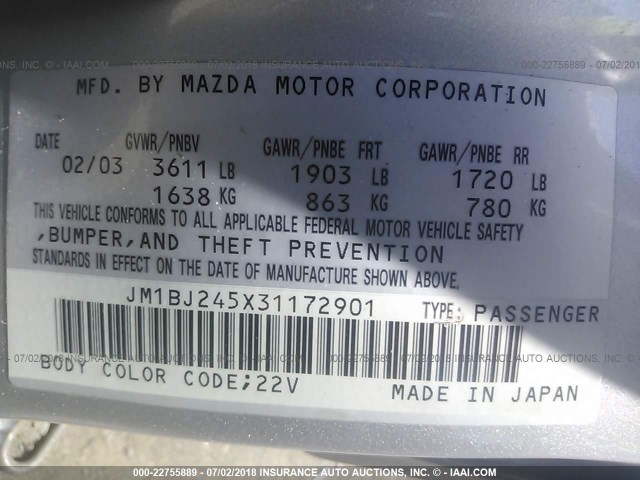 JM1BJ245X31172901 - 2003 MAZDA PROTEGE PR5 SILVER photo 9