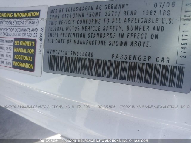 WVWEV71K17W035640 - 2007 VOLKSWAGEN NEW GTI WHITE photo 9