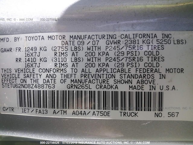 5TETU62N08Z488763 - 2008 TOYOTA TACOMA PRERUNNER ACCESS CAB SILVER photo 9