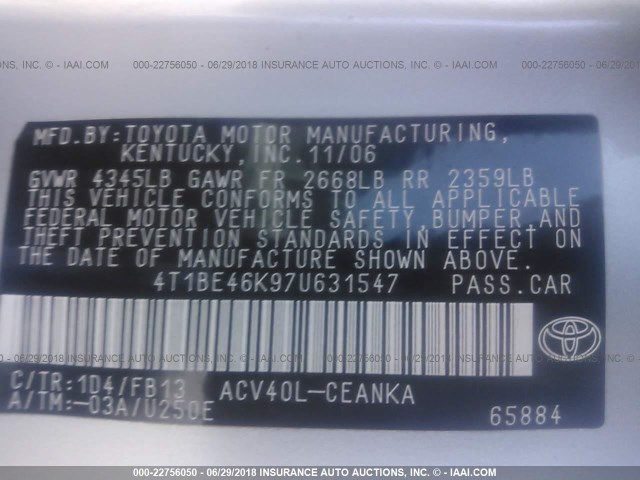 4T1BE46K97U631547 - 2007 TOYOTA CAMRY NEW GENERAT CE/LE/XLE/SE SILVER photo 9