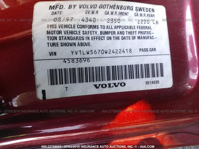 YV1LW5670W2422418 - 1998 VOLVO V70 GLT RED photo 9