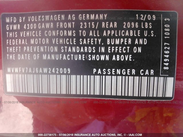 WVWFV7AJ6AW242009 - 2010 VOLKSWAGEN GTI RED photo 9