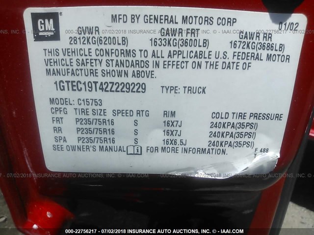 1GTEC19T42Z229229 - 2002 GMC NEW SIERRA C1500 RED photo 9