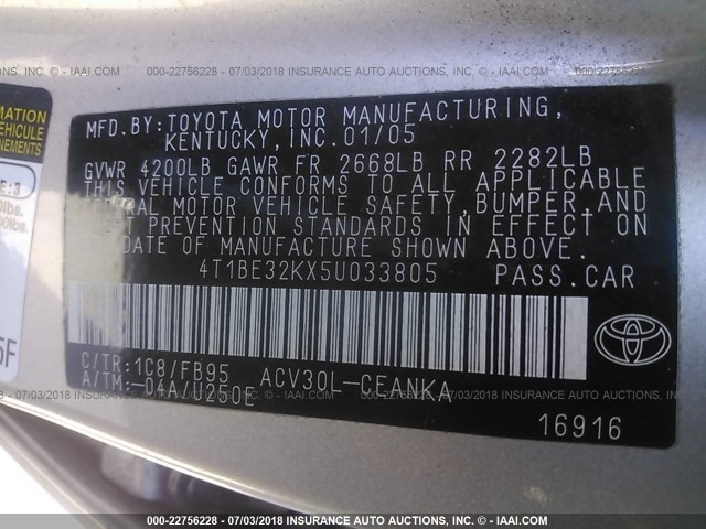 4T1BE32KX5U033805 - 2005 TOYOTA CAMRY LE/XLE/SE Gümüş foto 9