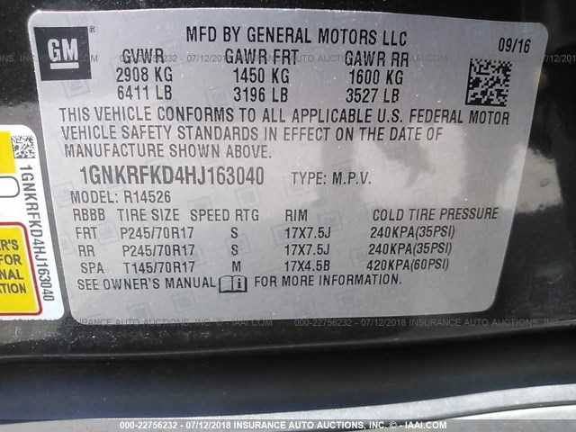 1GNKRFKD4HJ163040 - 2017 CHEVROLET TRAVERSE LS Pewter photo 9