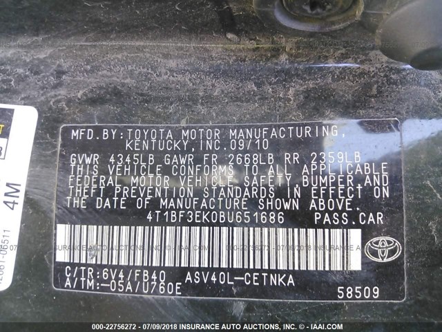4T1BF3EK0BU651686 - 2011 TOYOTA CAMRY SE/LE/XLE მწვანე ფოტო 9