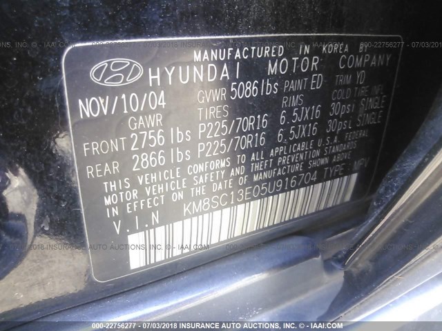 KM8SC13E05U916704 - 2005 HYUNDAI SANTA FE GLS/LX BLACK photo 9