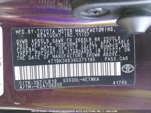 4T1BK36B38U275195 - 2008 TOYOTA AVALON XL/XLS/TOURING/LIMITED MAROON photo 9