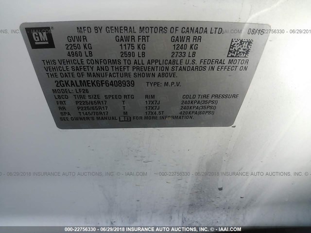 2GKALMEK6F6408939 - 2015 GMC TERRAIN SLE WHITE photo 9