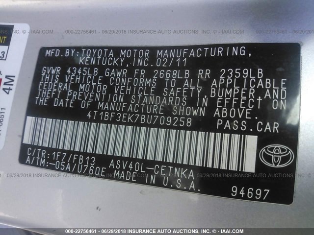 4T1BF3EK7BU709258 - 2011 TOYOTA CAMRY SE/LE/XLE ვერცხლისფერი ფოტო 9