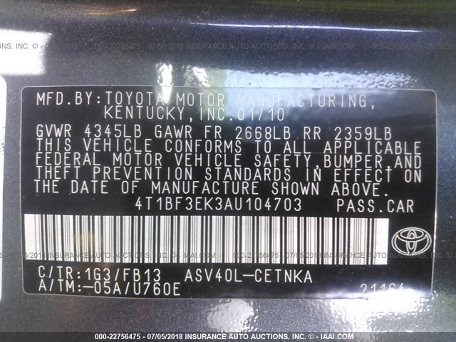 4T1BF3EK3AU104703 - 2010 TOYOTA CAMRY SE/LE/XLE GRAY photo 9