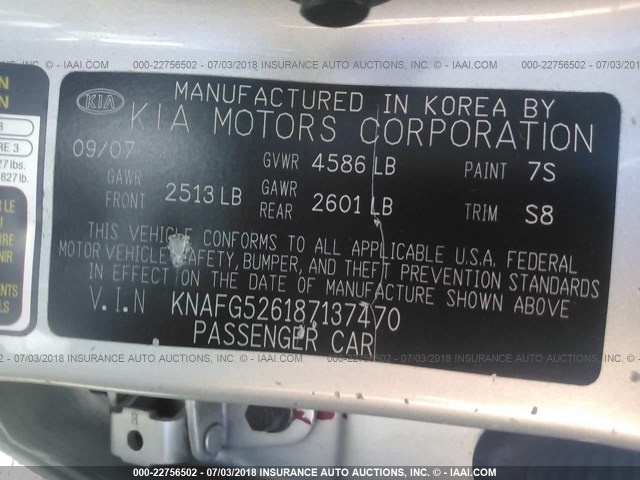 KNAFG526187137470 - 2008 KIA RONDO LX/EX SILVER photo 9