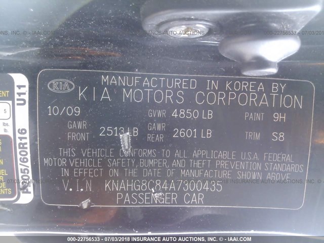 KNAHG8C84A7300435 - 2010 KIA RONDO LX BLACK photo 9