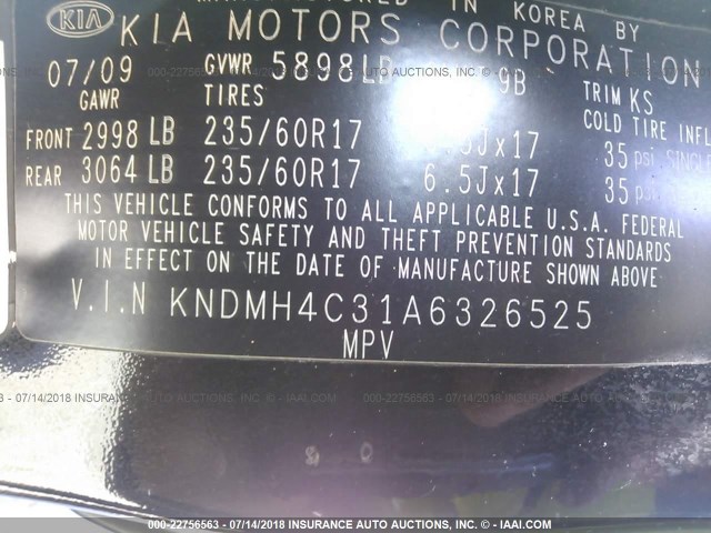 KNDMH4C31A6326525 - 2010 KIA SEDONA EX BLACK photo 9