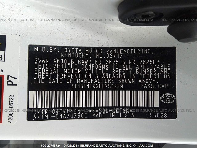 4T1BF1FK3HU751339 - 2017 TOYOTA CAMRY LE/XLE/SE/XSE WHITE photo 9