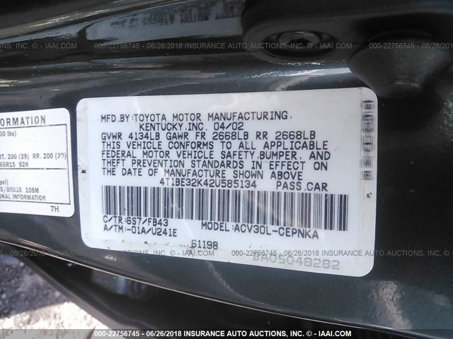 4T1BE32K42U585134 - 2002 TOYOTA CAMRY LE/XLE/SE მწვანე ფოტო 9