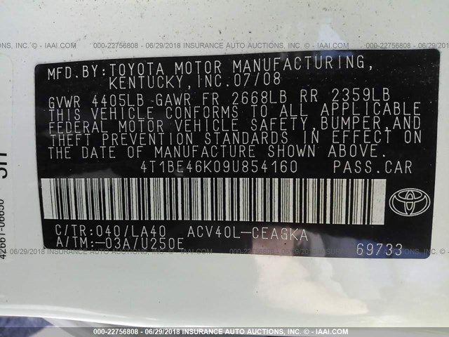 4T1BE46K09U854160 - 2009 TOYOTA CAMRY SE/LE/XLE WHITE photo 9