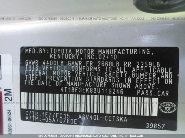 4T1BF3EK8BU119246 - 2011 TOYOTA CAMRY SE/LE/XLE SILVER photo 9