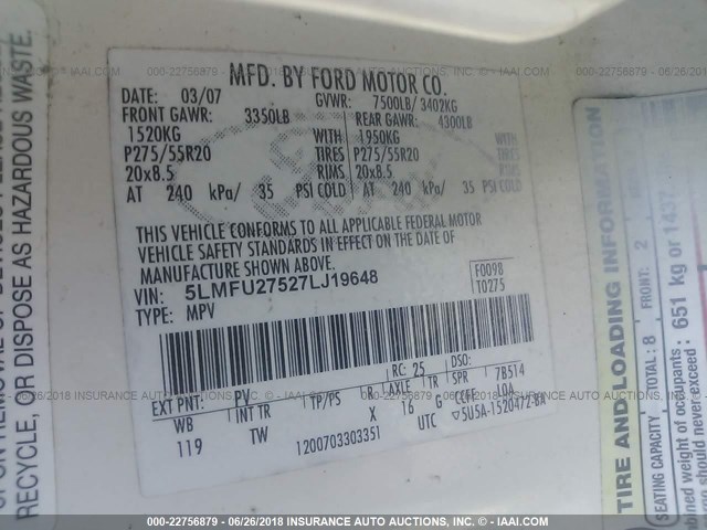 5LMFU27527LJ19648 - 2007 LINCOLN NAVIGATOR 奶油色 照片 9