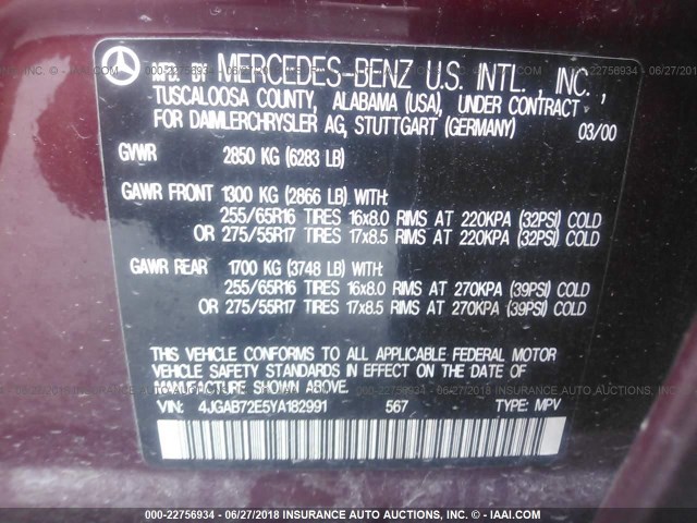 4JGAB72E5YA182991 - 2000 MERCEDES-BENZ ML 430 MAROON photo 9