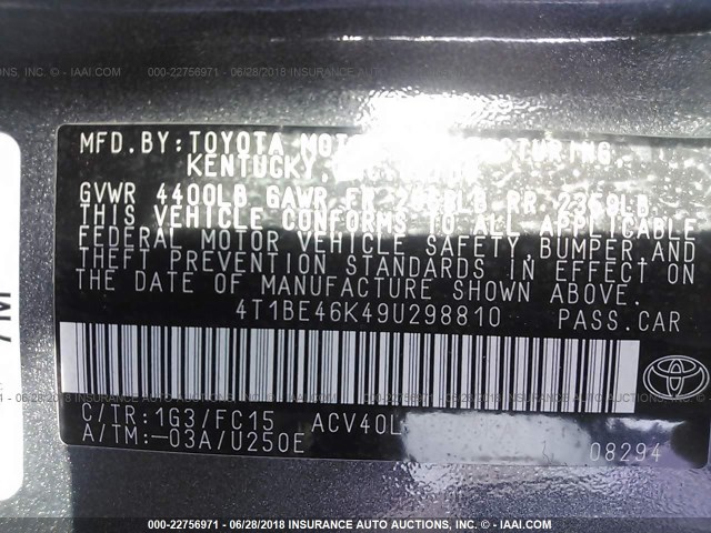 4T1BE46K49U298810 - 2009 TOYOTA CAMRY SE/LE/XLE GRAY photo 9