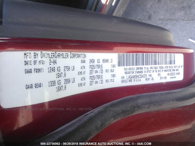 1J4GW48S84C354373 - 2004 JEEP GRAND CHEROKEE LAREDO/COLUMBIA/FREEDOM 红色 照片 9