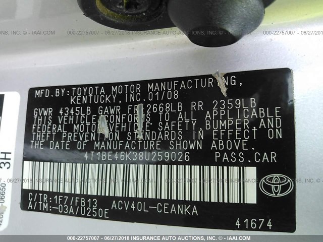 4T1BE46K38U259026 - 2008 TOYOTA CAMRY CE/LE/XLE/SE SILVER photo 9