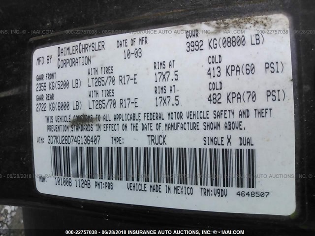 3D7KU28D74G136407 - 2004 DODGE RAM 2500 ST/SLT 勃艮第红 照片 9