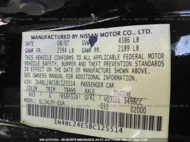 1N4BL24E58C125514 - 2008 NISSAN ALTIMA 3.5SE BLACK photo 9