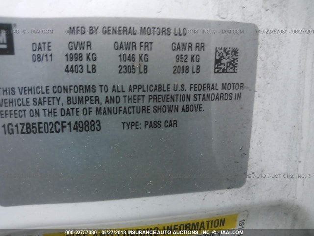 1G1ZB5E02CF149883 - 2012 CHEVROLET MALIBU LS WHITE photo 9