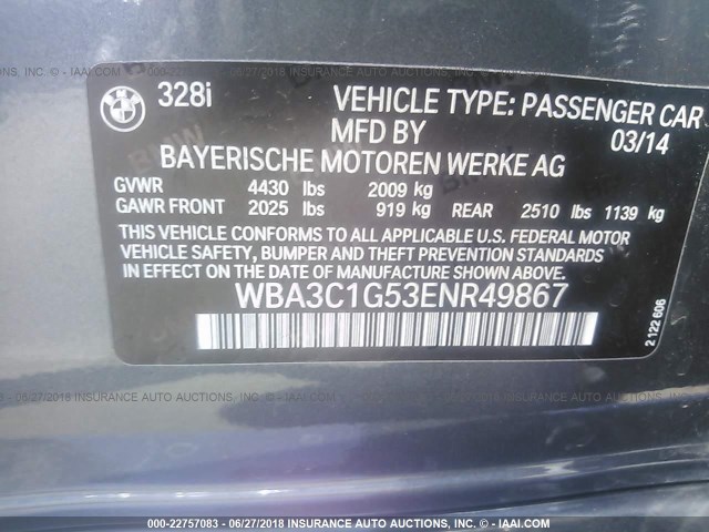 WBA3C1G53ENR49867 - 2014 BMW 328 I SULEV GRAY photo 9