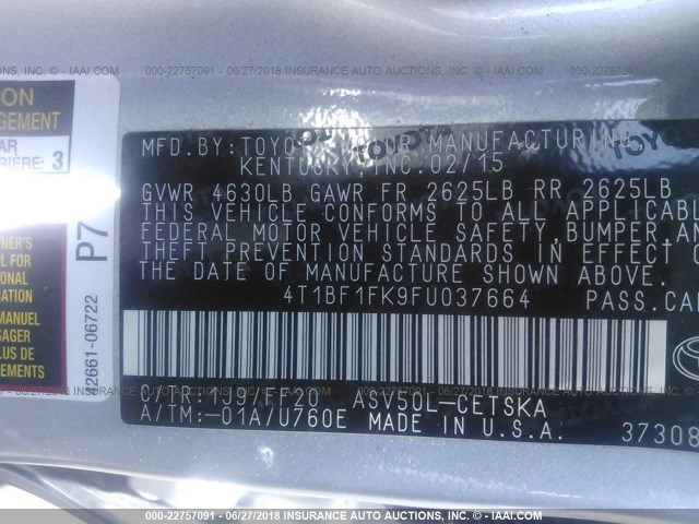 4T1BF1FK9FU037664 - 2015 TOYOTA CAMRY SILVER photo 9
