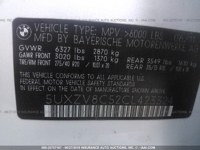 5UXZV8C52CL423324 - 2012 BMW X5 XDRIVE50I Srebrny zdjęcie 9