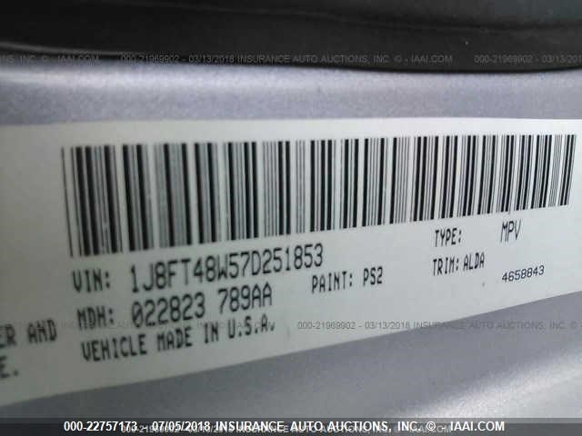 1J8FT48W57D251853 - 2007 JEEP PATRIOT LIMITED SILVER photo 9