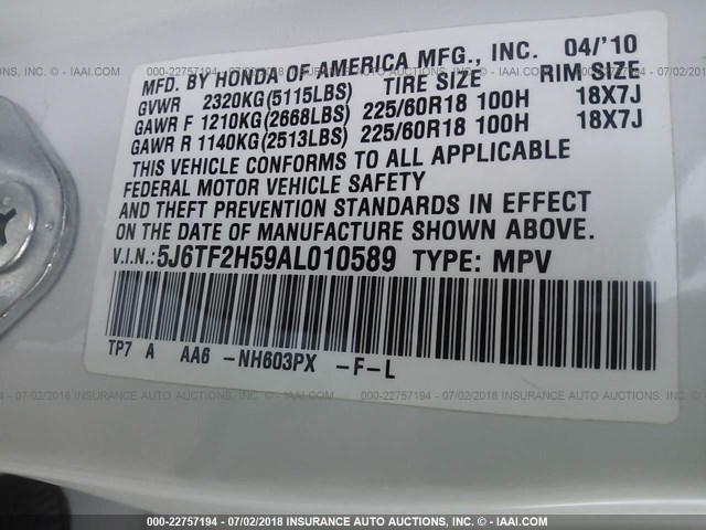 5J6TF2H59AL010589 - 2010 HONDA ACCORD CROSSTOUR EXL WHITE photo 9